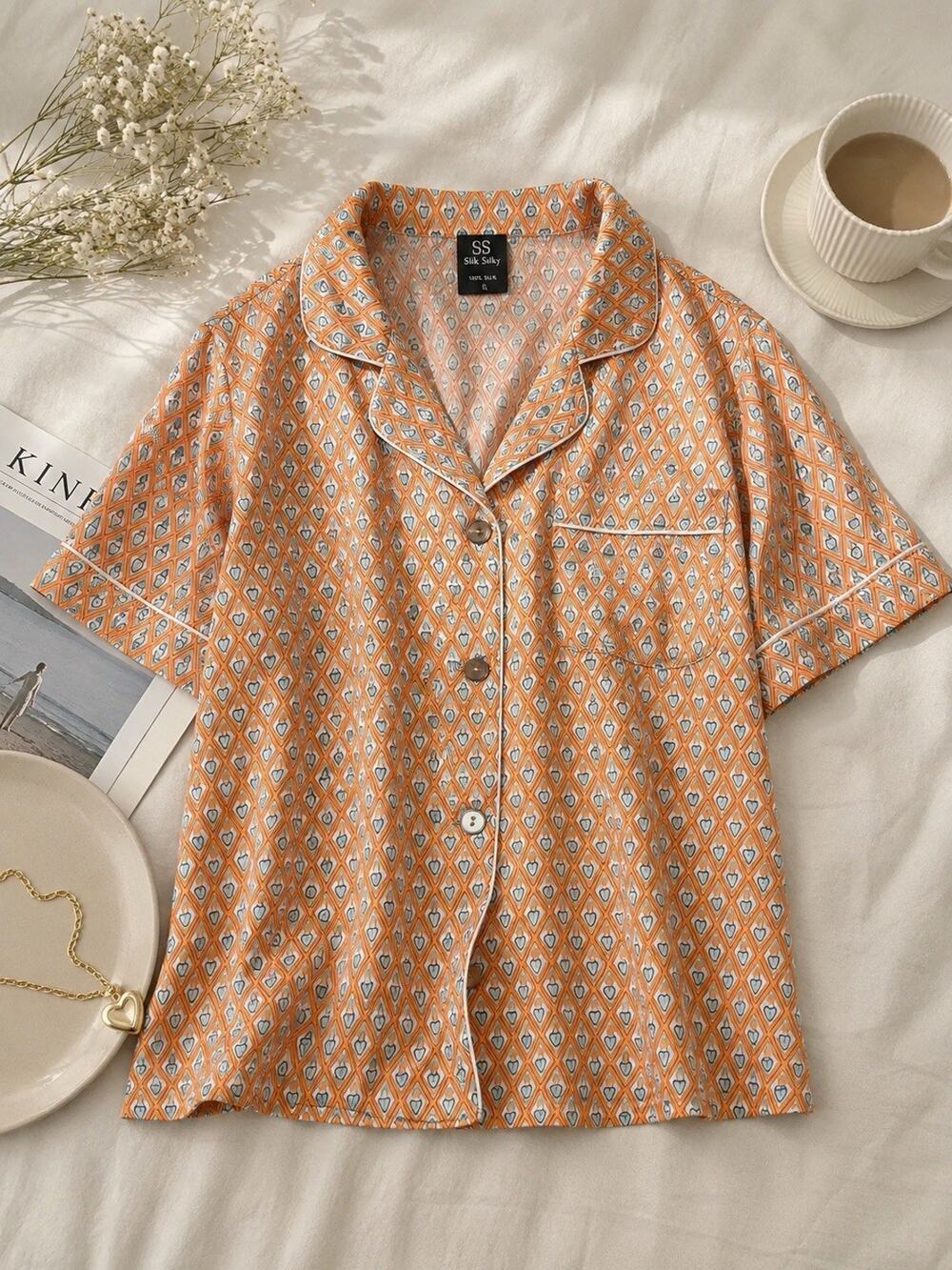 SilkSilky 100% Silk Pajama Top Small Orange Heart Geo Print Piped